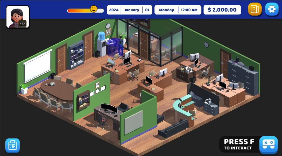 Screenshot of the Debt Free Millionaire game — working a career in the 3D office